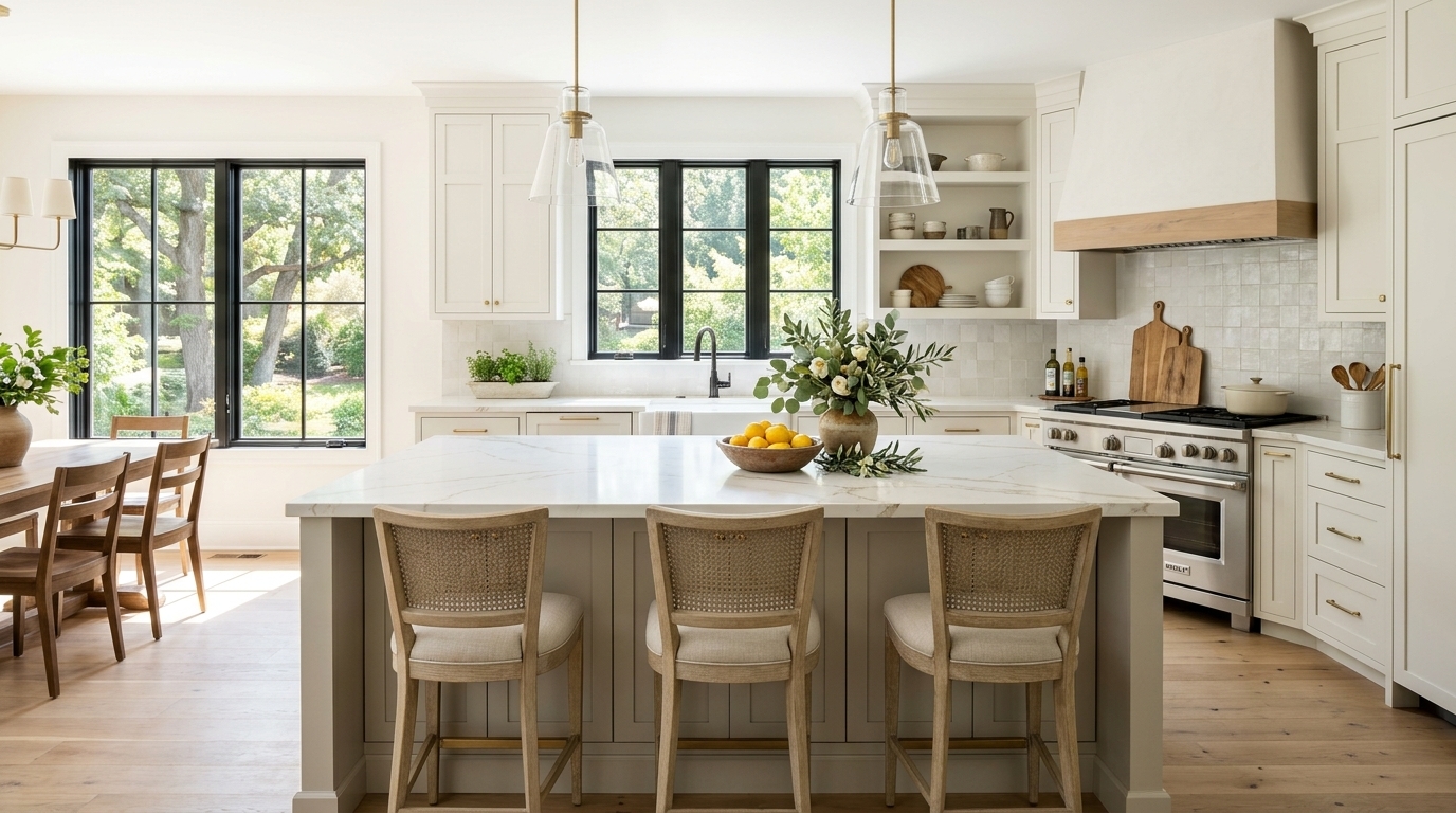 Finished Rountree kitchen with custom cabinetry and a quartz island